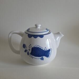 Japanese Blue & White Fish Motif Ceramic Teapot w/ Lid